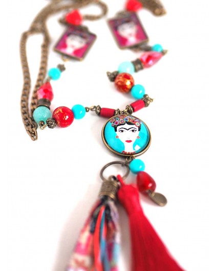 Large collar necklace, Mexican Diva, turquoise and red, bronze