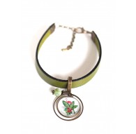 Bracciale donna, pelle verde, fenicottero rosa cabochon, fiori tropicali