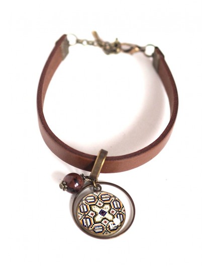 Women's bracelet, brown leather, cabochon Azuleros portugal, beige and brown