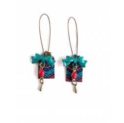 Fantasy earrings, African Wax, red blue, bronze