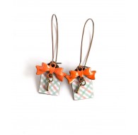 Fantasie Ohrringe, karierte, Fünfziger Jahre, grün und pastellorange Bowtie