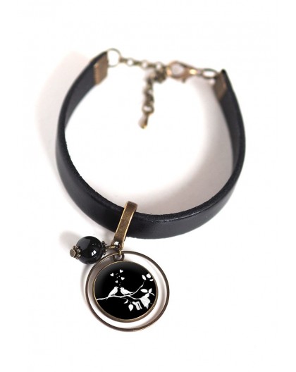 Women's bracelet, black leather, cabochon Small white and black birds