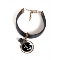Bracelet femme, cuir noir, cabochon Petits oiseaux blanc et noir
