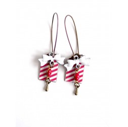 Boucles d'oreilles fantaisie, motif géométrique, rouge blanc bronze, noeud papillon