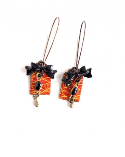Fantasy earrings, Japanese paper, yellow orange, black, bronze, bow tie
