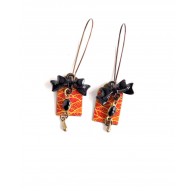 Orecchini Fantasia, carta giapponese, giallo arancio, nero, bronzo, legame di arco