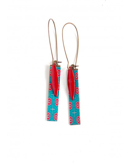 Boucles d'oreilles fantaisie, Floral géométrique, turquoise rouge, bronze