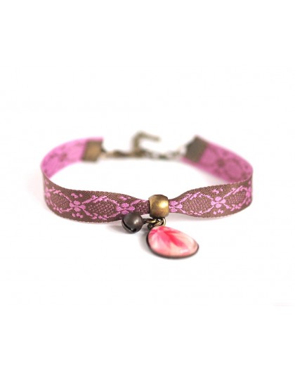 Retro style bracelet, cabochon drop, pink and brown