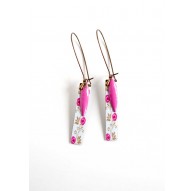 Boucles d'oreilles fantaisie, rétro, fleur rose, shabby chic, bleu pastel, bronze