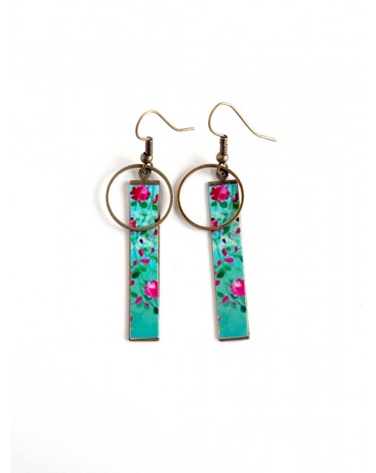 Fantasy earrings, floral, flowery, fuchsia turquoise, bronze