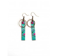 Boucles d'oreilles fantaisie, floral, fleuri, turquoise fushia, bronze