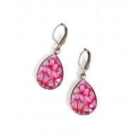 Orecchini cabochon goccia, fucsia, rosa, bronzo, fiore, floreale