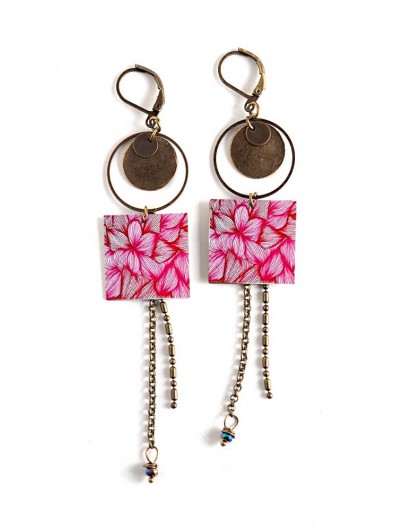Earrings, long pendant, fuchsia, pink, bronze, flower, floral
