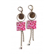 Pendientes, colgante largo, fucsia, rosa, bronce, flor, floral