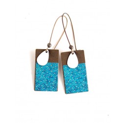 Boucles d'oreilles, pendantes, papier japonaise bleu, bronze, fantaisie