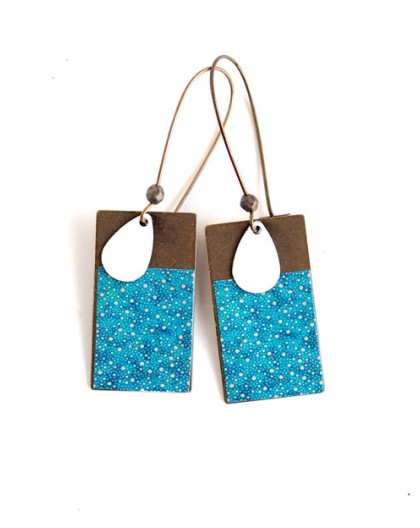 Earrings, pendant, blue Japanese paper, bronze, fantasy