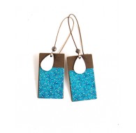 Orecchini, pendente, blu carta giapponese, bronzo, fantasia