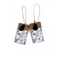 Boucles d'oreilles, pendantes, Fleuri, noir et blanc, bronze, fantaisie