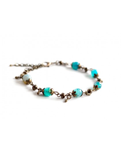 Bracelet, natural stone, turquoise blue agate, bronze