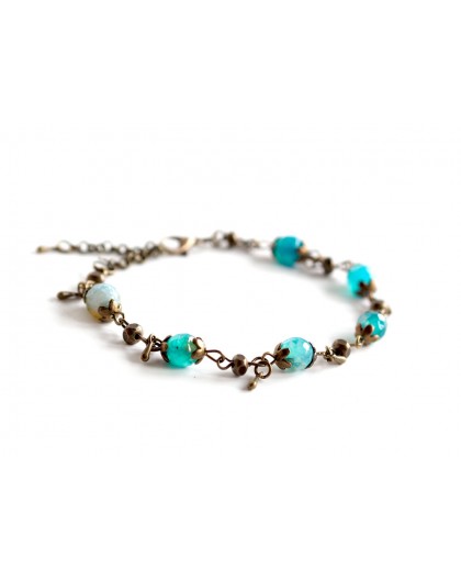 Bracelet, pierre naturelle, Agate bleu turquoise, bronze