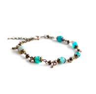 Bracelet, natural stone, turquoise blue agate, bronze