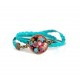 Bracelet manchette, cuir turquoise, Fleuri rouge et turquoise