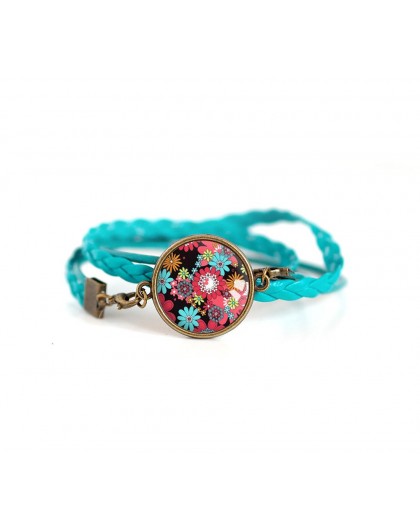 Cuff bracelet, turquoise leather, red and turquoise Flowered