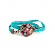 Bracciale, pelle turchese, rosso e turchese Fiorito
