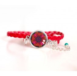 Woman bracelet, red cord, red mandala cabochon and fushia