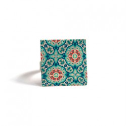 Square Ring, Inspiration Moroccan truquoise red, mosaic, bronze