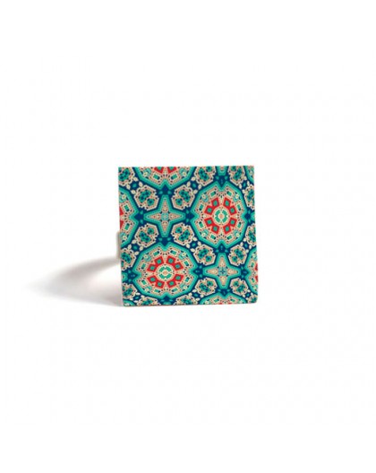 Square Ring, inspiración marroquí Truquoise rojo, mosaico, bronce