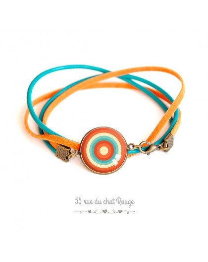 Bracelet suedine et cuir, cabochon orange et turquoise