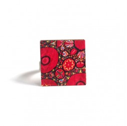 Bague carrée, Inspiration Hindoue, Fleurs rouge et rose, bronze