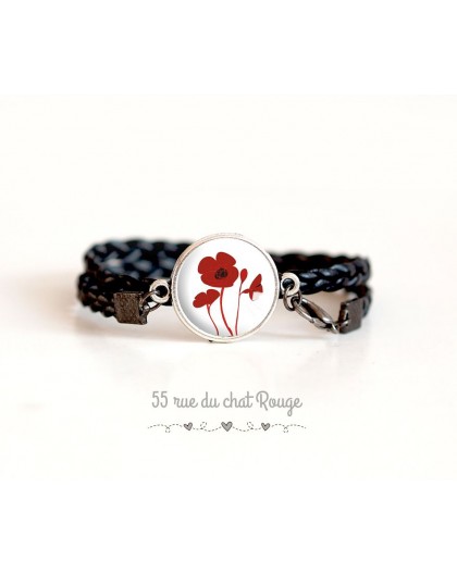 Black imitation leather cuff bracelet, Red poppies