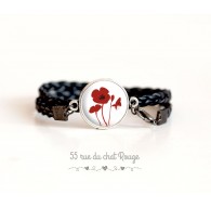 Bracelet manchette simili cuir noir, Coquelicots rouge