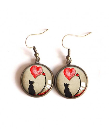 Earrings cabochon earrings, Little Cat, small red heart, bronze