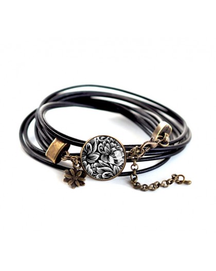 braccialetto Cabochon, in pelle nera, i fiori in bianco e nero, bronzo