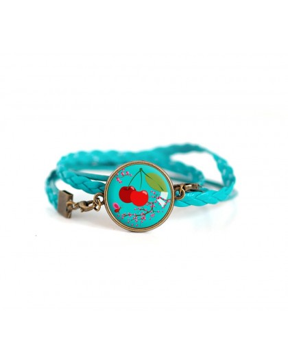 Turquoise, cherry, red and turquoise leather cuff bracelet