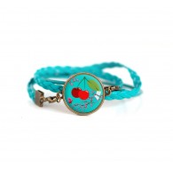 Turquoise, cherry, red and turquoise leather cuff bracelet