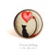 Boucles d'oreilles cabochon, Petit Chat, petit coeur rouge, bronze