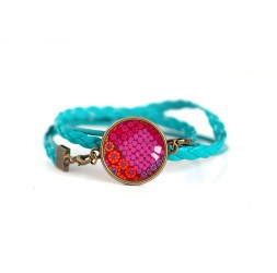 Turquoise, red and fushia leather cuff bracelet, Orient