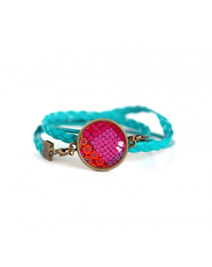 Bracelet manchette cuir turquoise, rouge et fushia, Orient