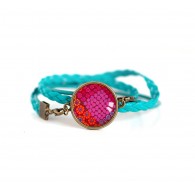 Bracciale in pelle turchese, rosso e fushia, Oriente
