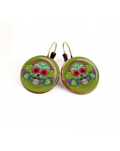 Boucles d'oreilles cabochon, patchwork multicouleur, damier