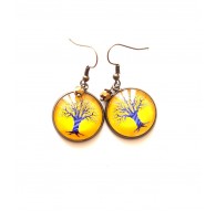 Boucles d'oreilles cabochon, l'Arbre de vie, jaune, violet