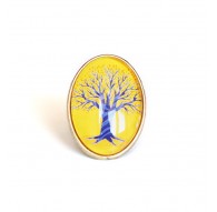 Oval cabochon ring, Tree of Life, yellow and purple