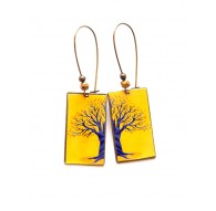 Earrings pendant, Tree of Life, Violet and yellow, bronze