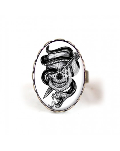 Schädel Cabochon Ring, Schädel, Gothic schwarz und weiß