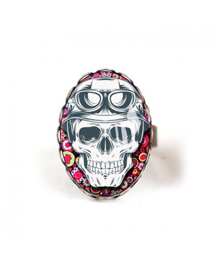 Cabochon ring, Skull, Red fuchsia floral