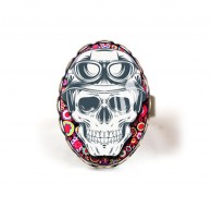 Bague cabochon, Tête de mort, Fleuri fushia rouge
